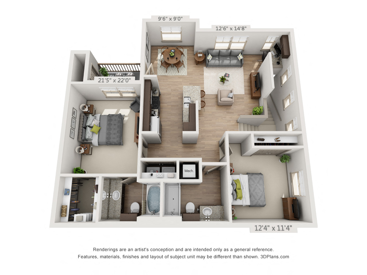Floor plan for 2 beds, 2 baths, 1174 sqft